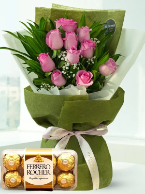  Antalya Lara Florists - Pink Rose Bouquet + Ferrero Rocher Chocolate